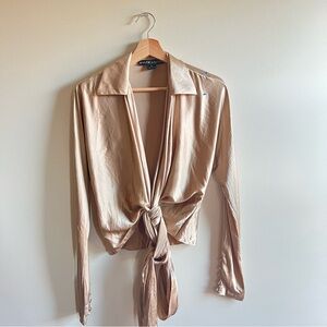 Ralph Lauren Black Label Silk Blouse Sz 6 Gold Button-Up Long Sleeve Wrap